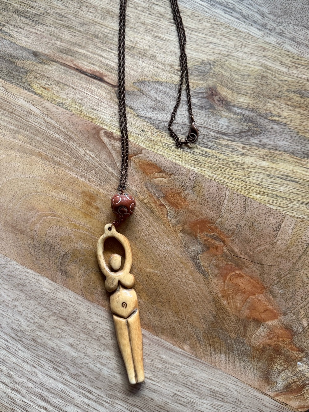 Boho Cream Goddess Pendant Necklace with Brown Accent